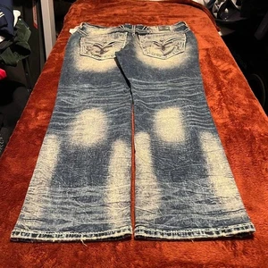 Herren Rock Revival Jeans RICHIE 40x32 gerades Bein blaue Waschung weiße Nähte Riss Neu mit Etikett - Bild 1 von 8