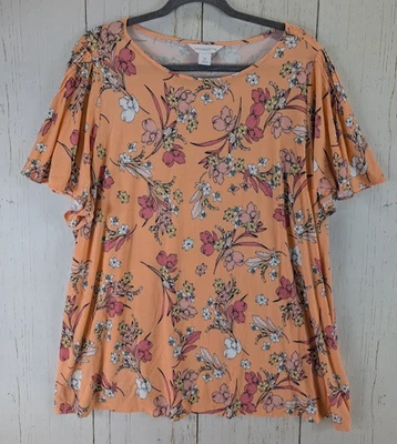 Top manga corta Liz Claiborne talla 2X naranja floral para mujer Foto 1 de 4