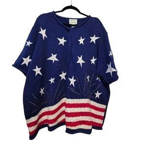 Vtg Quacker Factory Womens July 4th Patriotic Appliqué Sweater 2X Blue Holiday - Picture 1 of 11