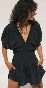 NWT Women Sz XS 2 Anthropologie Smocked Romper Casual V Neck Black Playsuit - Picture 1 of 7