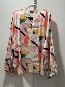 Xpluswear Design Plus Size Casual Pink Geometric Round Neck Lantern Sleeve top - Picture 1 of 16