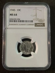 1945 Mercury Dime NGC MS 64 US Mint 10C Silver Coin BU Unc Philadelphia Mint - Picture 1 of 2