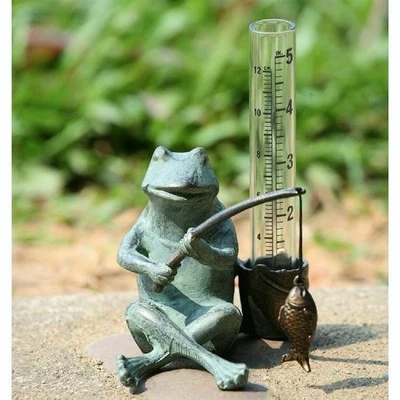 Frog Fisherman Rain Gauge Watcher Fishing Garden Stake Fish Metal SPI Home - Image 1 of 3