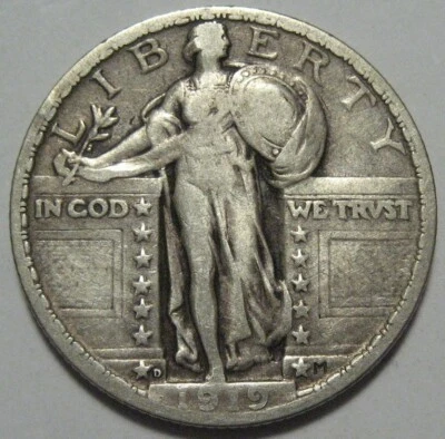 = 1919-D VF+ STANDING Quarter, Super EYE Appeal, FREE Shipping - Image 1 of 3