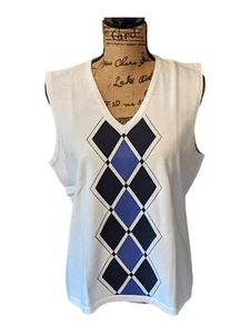 NUEVO Chaleco Suéter de Golf EP Pro para Mujer 100% Algodón Blanco Azul Marino Patrón Argyle Talla XL - Imagen 1 de 6