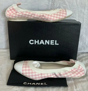 CHANEL Ballerines Light Pink Fabric White Leather Trim Flats EU 39.5 US 9-9.5 - Picture 1 of 12