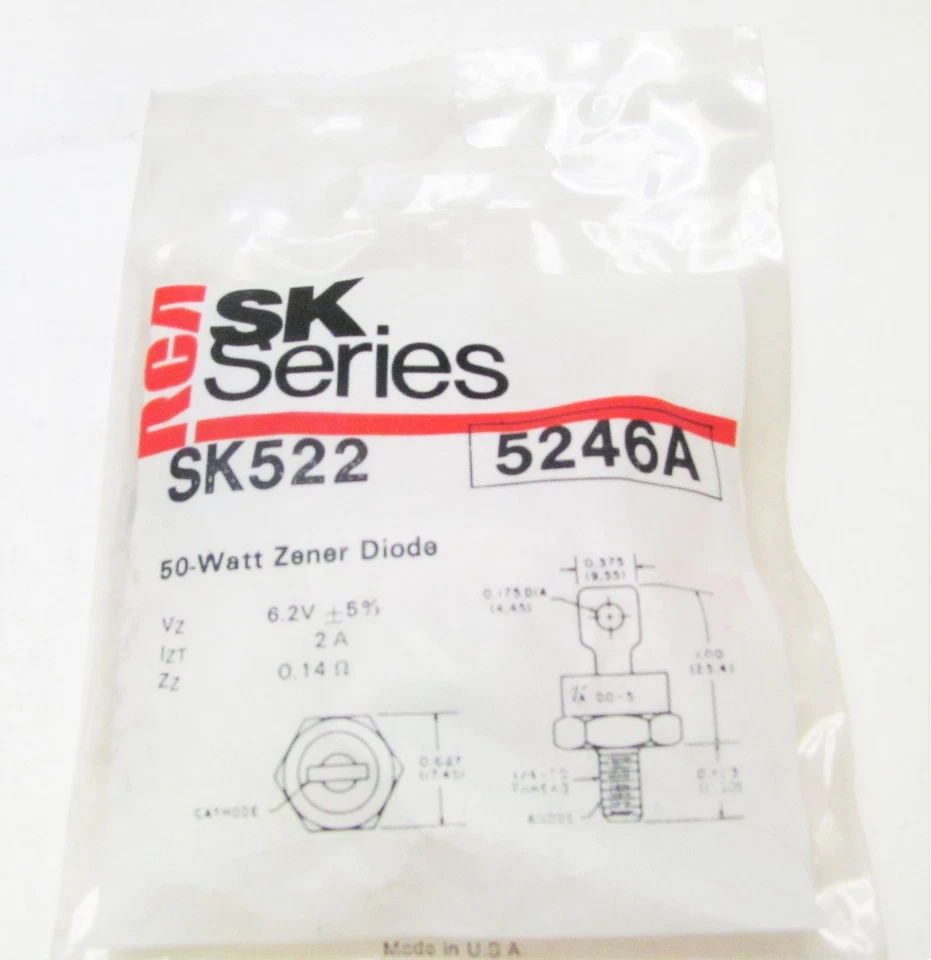 6.2V 50W Zener 二极管 - ±5% 公差 - DO-5 - RCA SK522 NTE5246A — 第 1/1 张图片