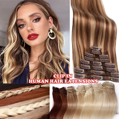 CLEARANCE 100% Real Human Hair Extensions Clip In Remy Hair FULL HEAD #Highlight