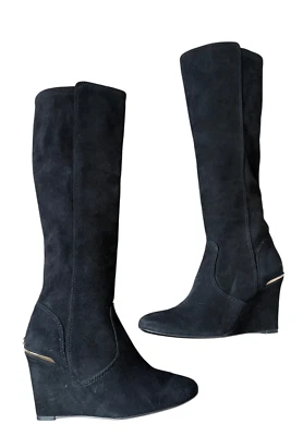 Botas altas Tory Burch gamuza cuña hasta la rodilla talla 7,5 negras Foto 1 de 4