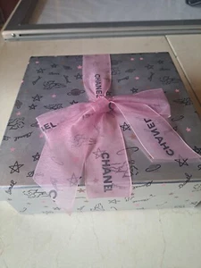 Authentic Silver CHANEL Paris gift Box Empty 8x8x3" with Pink Ribbon - Picture 1 of 10