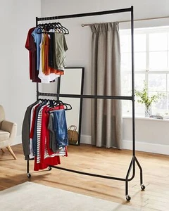 Clothes Rail Two Tier Heavy Duty Garment Hanging Rack Portable With Wheels Stand - Picture 1 of 7