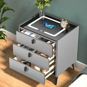 LED Bedside Table Wireless Charging Side Cabinet Nightstand with 3 Drawers Gray - Picture 1 of 15