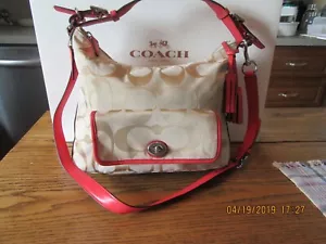 Coach Signature C Hot Pink/Coral Lether& Khaki Satchel, Purse,Crossbody, Handbag - Picture 1 of 12
