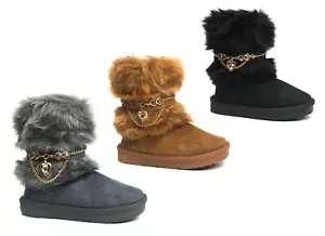 Neu Kinder Stiefel Kleinkind Mädchen Strass Akzent lang Kunstfell Wildleder Schneestiefel-212 - Bild 1 von 12