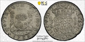 1739 Messico pilastro dollaro 8 reales moneta argento 8R ~ Mo MF ~ PCGS ORIGINALE AU DET. - Foto 1 di 5