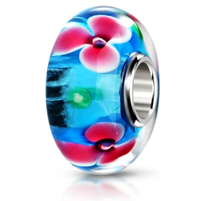 MATERIA Blumen Glas Bead blau pink für Beads Armband - Bild 1 von 4