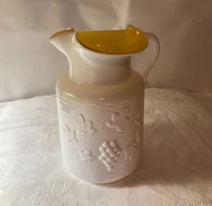 Vintage KANAWHA Glass Yellow Cased Milk Glass 7" tall Pitcher Grapes Design - Picture 1 of 11