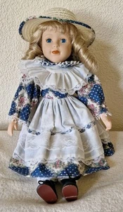 BLONDE HAIRED BLUE-EYED PORCELAIN DOLL WITH STRAW HAT 15.5" - Picture 1 of 7