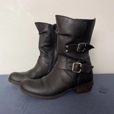 Bos & Co Leather Kate Boots 7 7.5 US 38 EU Black Slouchy Biker Bootie Buckle - Image 1 of 4