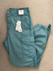 MARKS & SPENCER WOMENS BLUE HIGH WAISTED CUFFED CARGO TROUSERS Size 14 Bnwt - Picture 1 of 10