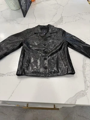 Vintage GAP Jacket kids Medium Black Genuine Leather Button Front Trucker 00s - Image 1 of 4