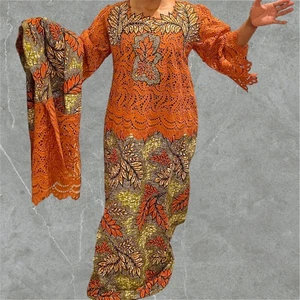 African Ankara and Lace Fully Lined with Stones. Long Dress with Pocket/Scaf - Picture 1 of 5