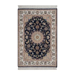 2'1"x3'2" Navy Nain Medallion Design Wool and Silk Hand Knotted Mat Rug R91590 - Picture 1 of 8