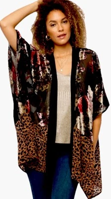 Mystree Floral Velvet Burnout Kimono Style Open Front Top Cardigan One Size - Image 1 of 4