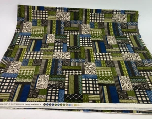 1+yd Farm Chic Green Blue Ivory Patchwork Fabric Cheater Quilt Kate McRostie - Picture 1 of 6