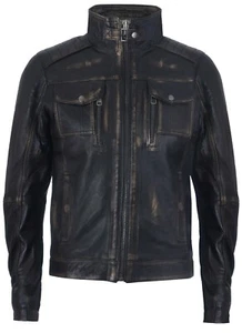 Men's Racer Vintage Black 100% Leather Retro Biker Jacket Distressed Motorcycle - Picture 1 of 5