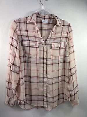 New York & Company Blouse Womens Sz M Multi Plaid 3/4 Roll Tab Sleeve Light - Image 1 of 4