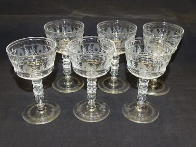 Bryce Stem 625 Set of 6 Cut & Etched Glass Wine Stems 4 5/8" USA - Image 1 of 4