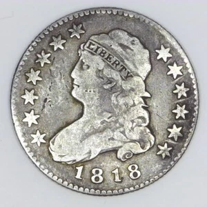 ~EARLY AMERICAN SILVER~ 1818 Capped Bust Quarter 90% Silver US 25c F bent e343 - Picture 1 of 2