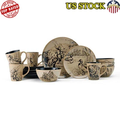 Juego de vajilla con estampado de animales 16 piezas estilo lodge gres duradero servicio 4 EE. UU. Foto 1 de 4