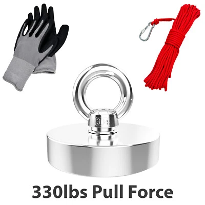 TOTALELEMENT 330lb Heavy-Duty Strong Neodymium Fishing Magnet with 65ft Nylon Rope and Gloves