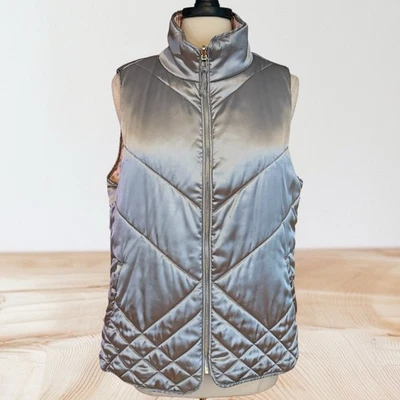 Chaleco acolchado reversible Kensie talla L para mujer sin mangas plateado satinado a lunares Foto 1 de 4