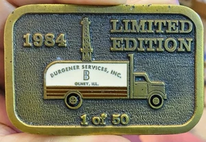 VINTAGE 1984 Brass Belt Buckle BURGENER SERVICES INC BSI Olney Illinois 1 Of 50 - Picture 1 of 2
