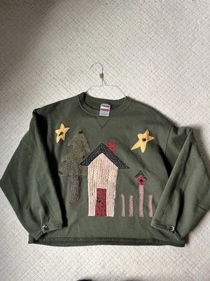 Sudadera de Colección Jerzees Navidad Acogedora Cabaña Verde Retazos Grannycore Talla L Foto 1 de 4