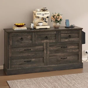 59 Inch Dark Rustic Oak Wide Wood 7 Drawers Dresser Storage Dressers Organizer - Picture 1 of 8