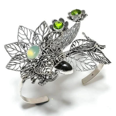 Natural Labradorite, Peridot Gemstone 925 Sterling Silver Cuff Bangle Adj. z055 - Image 1 of 4