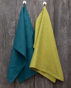 Set 2 Pure Linen Kitchen Towels - Apple Green & Teal tea towel - Picture 1 of 11