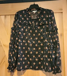 Mystree Blouse Size M Sheer Black Floral Ruffle Fairy Whimsigoth Peasant Shimmer - Picture 1 of 15