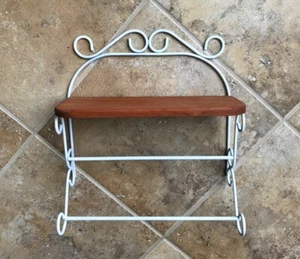 Vintage White Scroll Metal Wall Wood Shelf with 2 Hand/Dish Towel Racks - Picture 1 of 12