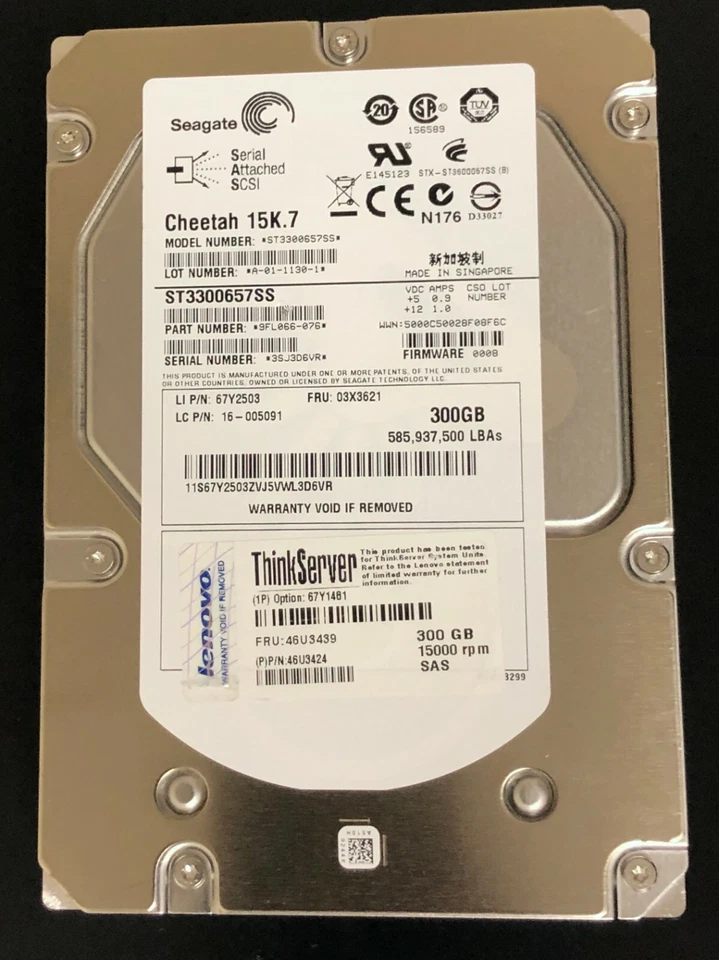 LENOVO THINKSERVER D20 D30 300GB 15K SAS HDD ST3300657SS 67Y2503 FRU 03X3621 - Image 1 of 1