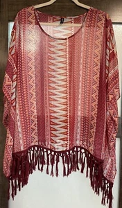 Massini Tribal Ethnic Printed Caftan Top 3/4 Sleeve Semi-Sheer Poncho Boho Sz M - Picture 1 of 8