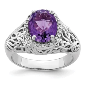 Sterling Silver Rhodium-plated Oval Amethyst & Diamond Ring Size 7 - Picture 1 of 4