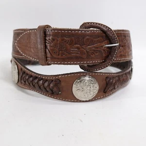 Vtg Western Concho Belt 44 Brown Hand Tooled Leather Braid Silver Tone Buckle - Picture 1 of 10