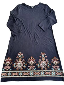 J.Jill Women’s Small Embroidered Border Knit Dress Boho Stretch 3/4 Sleeve Navy - Picture 1 of 8