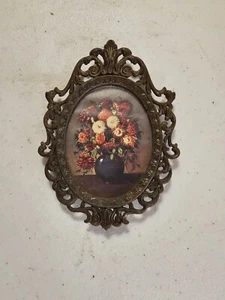 Vintage Brass Colored Ornate Metal Picture Frame w/ Convex Glass - Picture 1 of 4