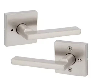 Kwikset Bed/Bath lever, Halifax Square Handle with Lock, Microban, Satin Nickel - Picture 1 of 6